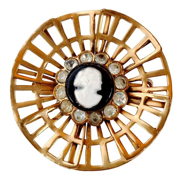 VTG Signed Coro Cameo Brooch Mid Century Gold Tone Openwork Rhinestone Pin 1950s - Picture 1 of 8